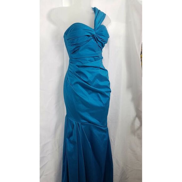 David Meister Formal Dress Ruched Teal Blue Size 2 Asymmetrical Ruched Long - Picture 3 of 14